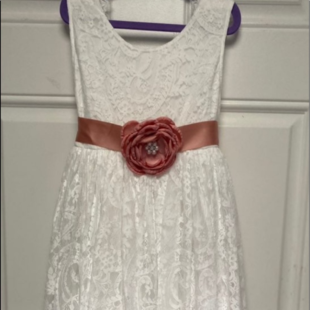 Size 6 white flower girl lace dress with pink slash